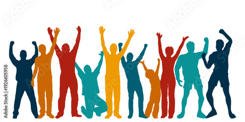 Silhouette of a crowd of people cheering with raised hands on a white background. Vector illustration.