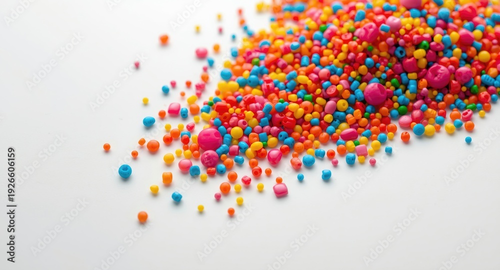 Obraz premium Colorful scattered plastic masterbatch granules on white background for product presentation
