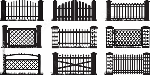 Collection of ornate black silhouettes depicting various gate designs