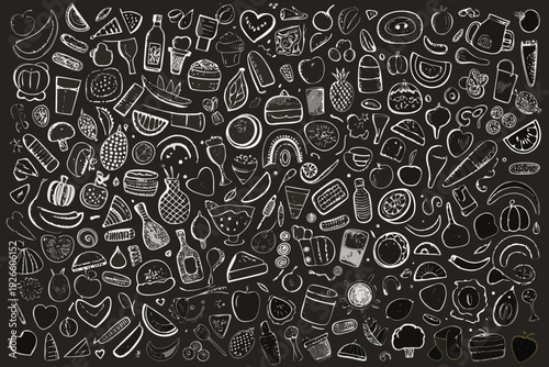 Hand drawn collection of various food items on a chalkboard background