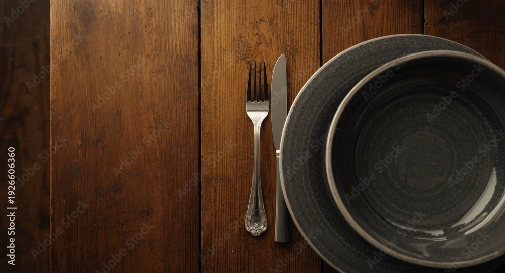 Fototapeta premium Flat lay photo of rustic wooden table setting with knife fork and plate