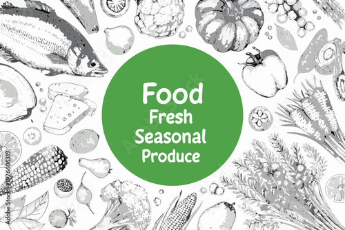 A vintage style illustration of fresh food and seasonal produce