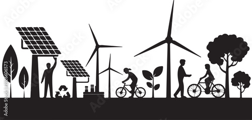 Black silhouette of people cycling and using renewable energy sources