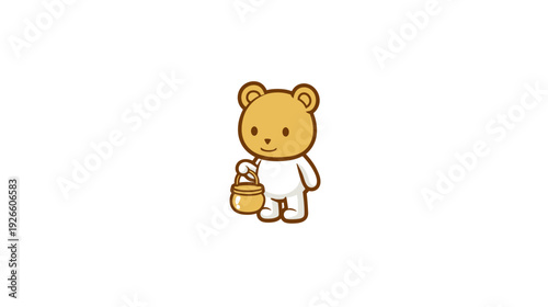 A smiling cartoon bear in a standing pose holding a golden bucket, outlined in brown