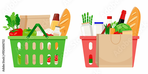 Two shopping baskets filled with fresh groceries and various food items