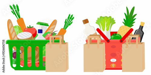 Fresh produce and baked goods filling two shopping bags