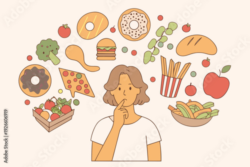 Woman contemplating a variety of food choices in a colorful illustration