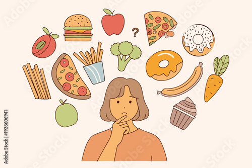 A woman contemplates a variety of food choices above her head