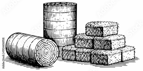Vintage illustration of stacked hay bales and cylindrical rolls in monochrome