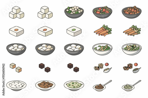 Assorted food items in a colorful illustrative arrangement