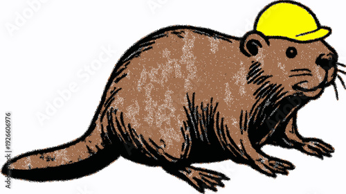 A cartoon beaver illustration, wearing a yellow hard hat. The beaver has fur with black outlines