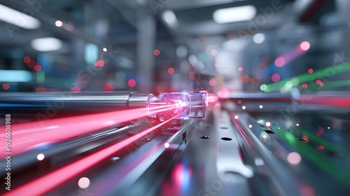 Abstract representation of time resolved electron energy loss spectroscopy showcasing intense glowing beams of light and particles in motion against a dark scientifically inspired backdrop