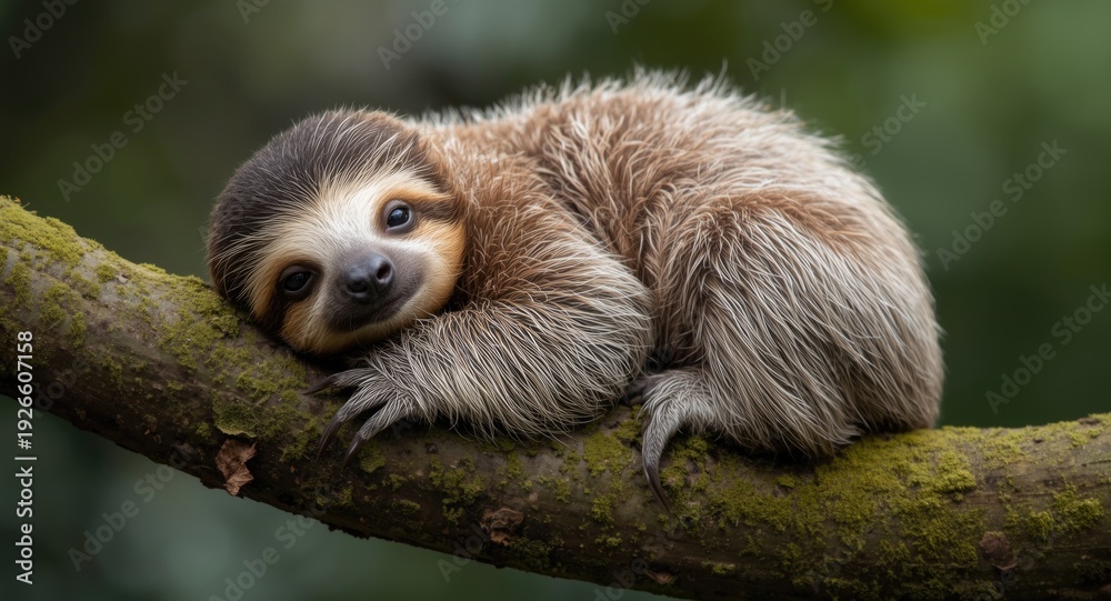 Fototapeta premium Delightful infant sloth resting on mossy branch