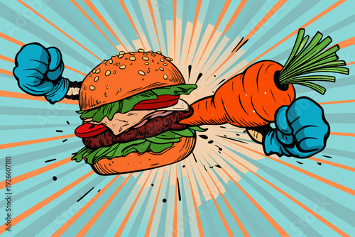 A hamburger punches a carrot with boxing gloves in a comic style