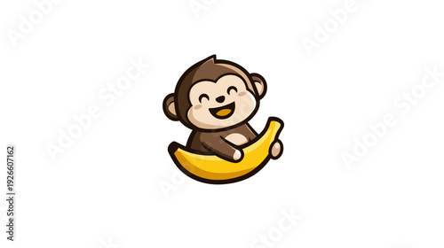 A happy primate character hugging a curved yellow fruit on a white background