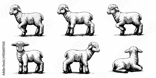 Six lambs depicted in a vintage illustrative style on a white background