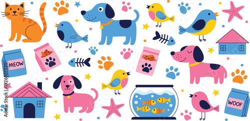 Vibrant Pet Care Icon Set with Colorful Dogs Cats Birds Fish and Hamster Symbols for Children Education Animal Welfare and Pet Shop Branding Projects