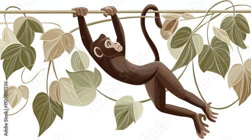 A brown monkey hangs from a branch, surrounded by vines and green and tan leaves