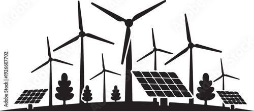 Black silhouette of wind turbines and solar panels on a hill