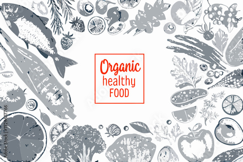 An organic food arrangement with fish fruits and vegetables in grayscale