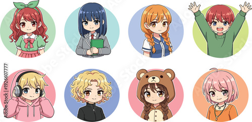 Anime Girl and Boy Avatar Icon Set Featuring Diverse Hairstyles, Outfits, and Expressions in Colorful Circles for Social Media Profiles, Gaming Communities, and Web Design Elements