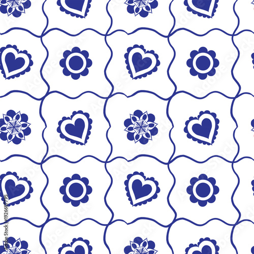 Wedding seamless pattern, heart, flower, cage, blue, Slavic wedding, a-la Russia, vector