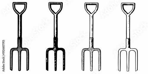 Four vintage garden forks depicted in a simple black and white illustration