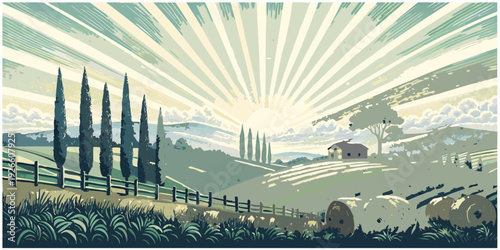 Serene tuscan landscape with rolling hills and a radiant sunrise