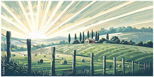 A serene tuscan landscape bathed in the warm glow of a rising sun