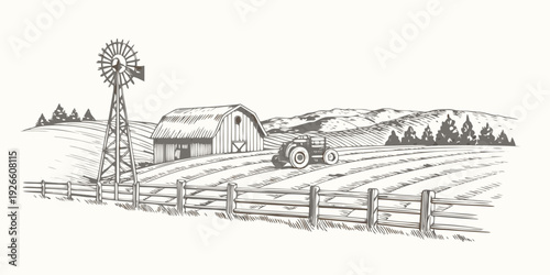 A vintage farm scene with a barn windmill and tractor in a field