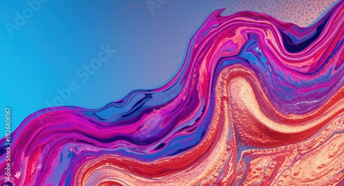 Magenta and peach liquid creating a dynamic slope pattern on an electric blue and orange texture background