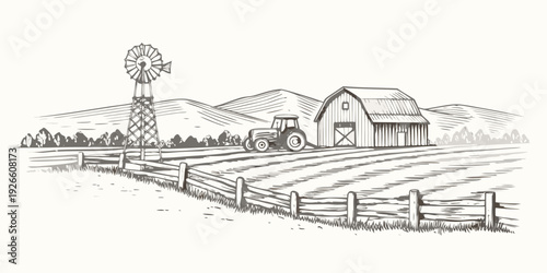 Vintage farm scene with barn tractor and windmill in a sketch style