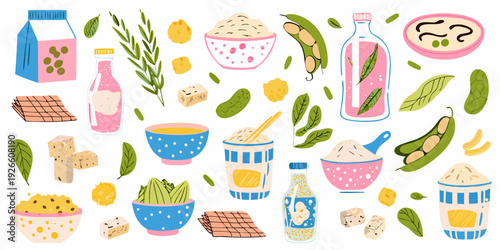 Colorful illustration of various food items including beans fruit and dairy