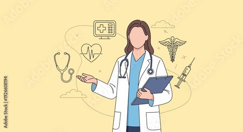 Cartoon doctor woman explaining with clipboard beside stethoscope in yellow background, viewed from front