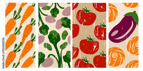 Stylized illustration of carrots peas tomatoes and eggplant patterns