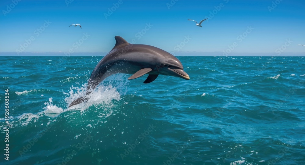 Naklejka premium Common dolphin executing high leap from ocean during sardine migration spectacle