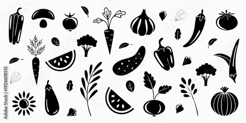 Black and white illustration of various vegetables and fruits