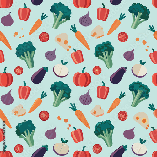 Colorful pattern of various fresh vegetables on a light blue background