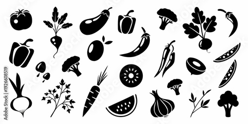 Collection of various black silhouette vegetables and fruits arranged randomly