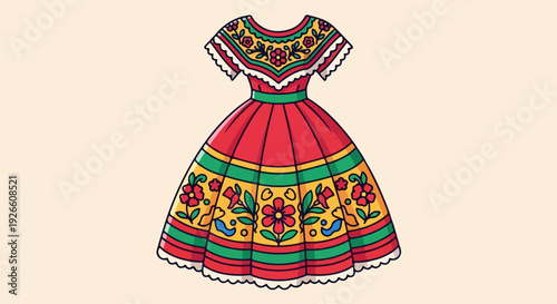 Traditional Mexican folk dress, vibrant red with colorful floral embroidery, festive cultural attire for celebration.