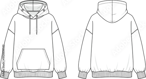 Long sleeve shirt technical vector illustration, mens button up apparel blueprint drawing, front back views, collar cuff pocket stitching layout