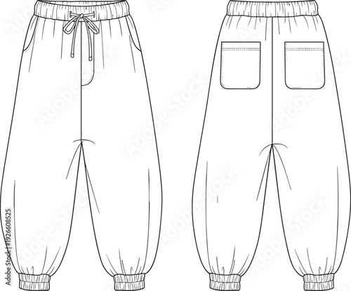 Jogger sweatpants technical vector illustration, elastic waist drawstring trousers blueprint drawing, front back views, pocket cuff stitching detail layout