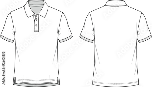 Mens polo shirt technical vector illustration, short sleeve collared apparel blueprint drawing, front back views, placket hem stitching detail layout