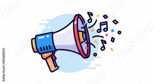 Cartoon Megaphone with Music Notes and Confetti, Announcing Fun Celebration and Joyful Event