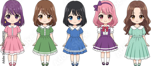 Cute Anime Girl Character Set with Different Hairstyles Dresses and Expressions Kawaii Cartoon Kids Avatar Collection Vector Illustration