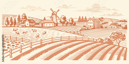 A serene countryside landscape featuring a windmill and rolling farmland
