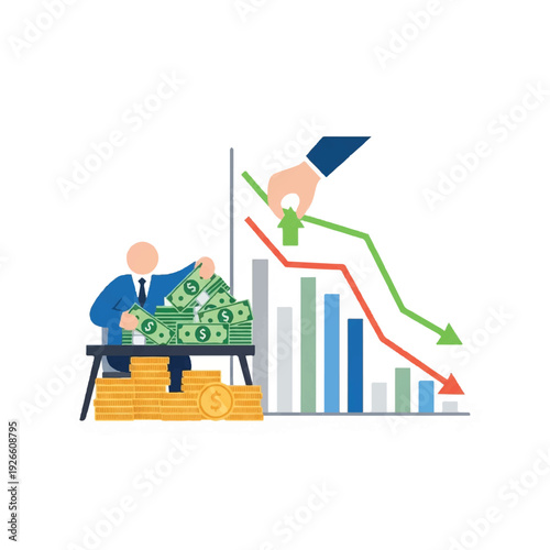 A businessman sitting at a desk with money and looking at a declining graph with red and green arrows. Perfect for finance, economy, and business presentations.