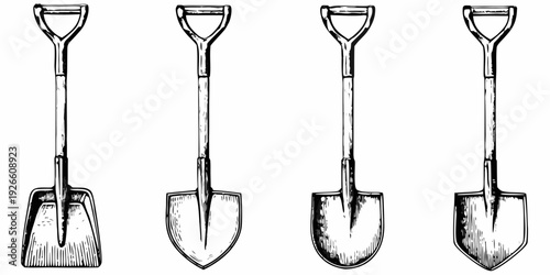 Four vintage shovels illustrated in a detailed black and white style