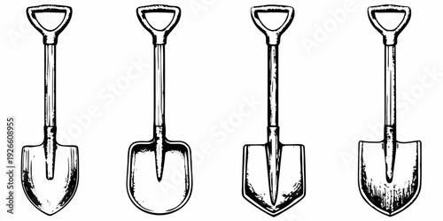 Four vintage illustrations of garden shovels on a white background