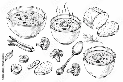 Sketch of creamy vegetable soup with bread and fresh ingredients